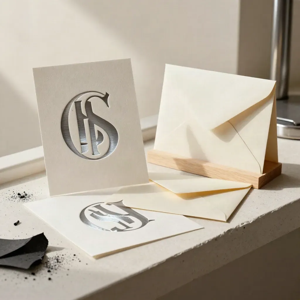 Logo proof set with monogram cuts, foil swatches, launch envelope and wood stand in warm studio light