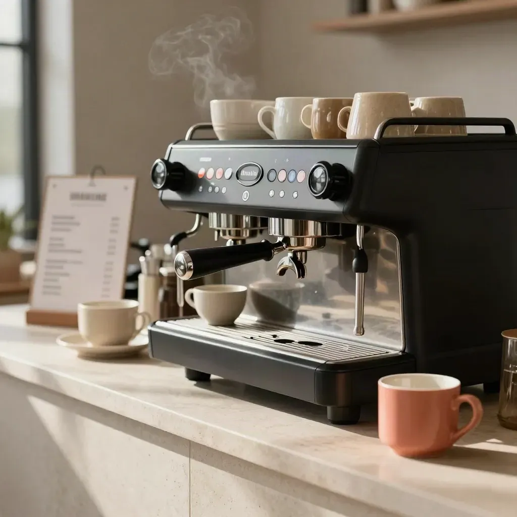 Finished coffee counter with espresso machine, cups, pastry stands, and faint steam.
