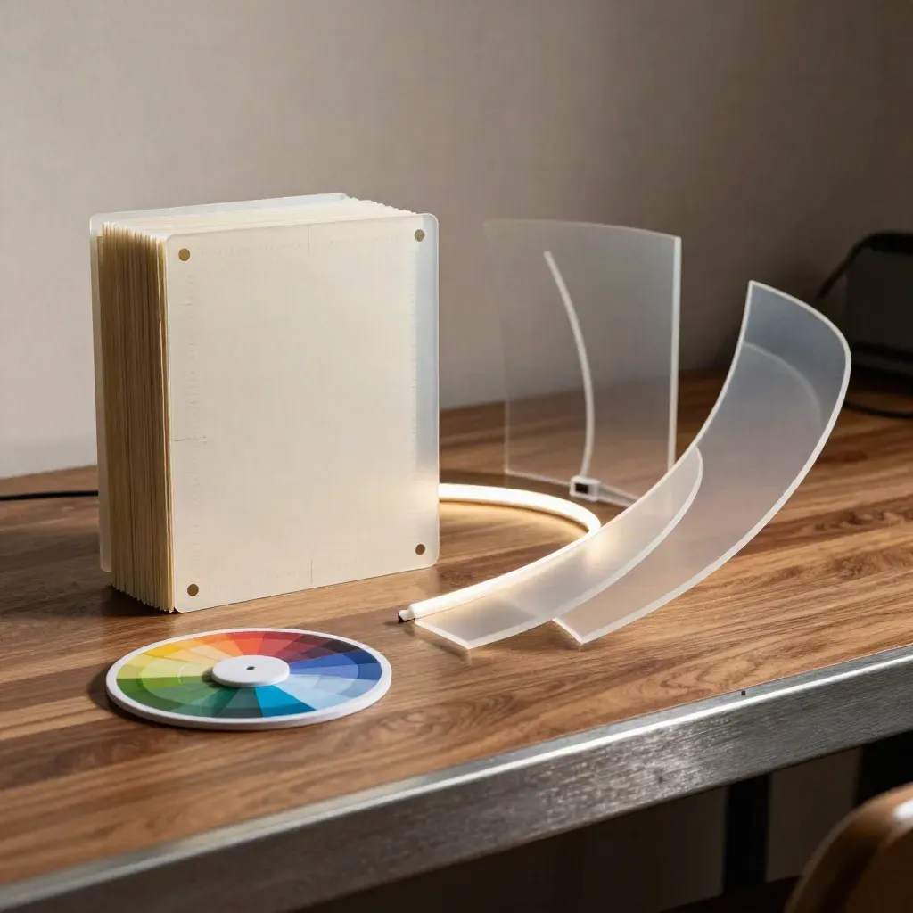 Motion designer tools on a walnut workbench: animation cels, color wheel puck, LED strip and acrylic arcs.
