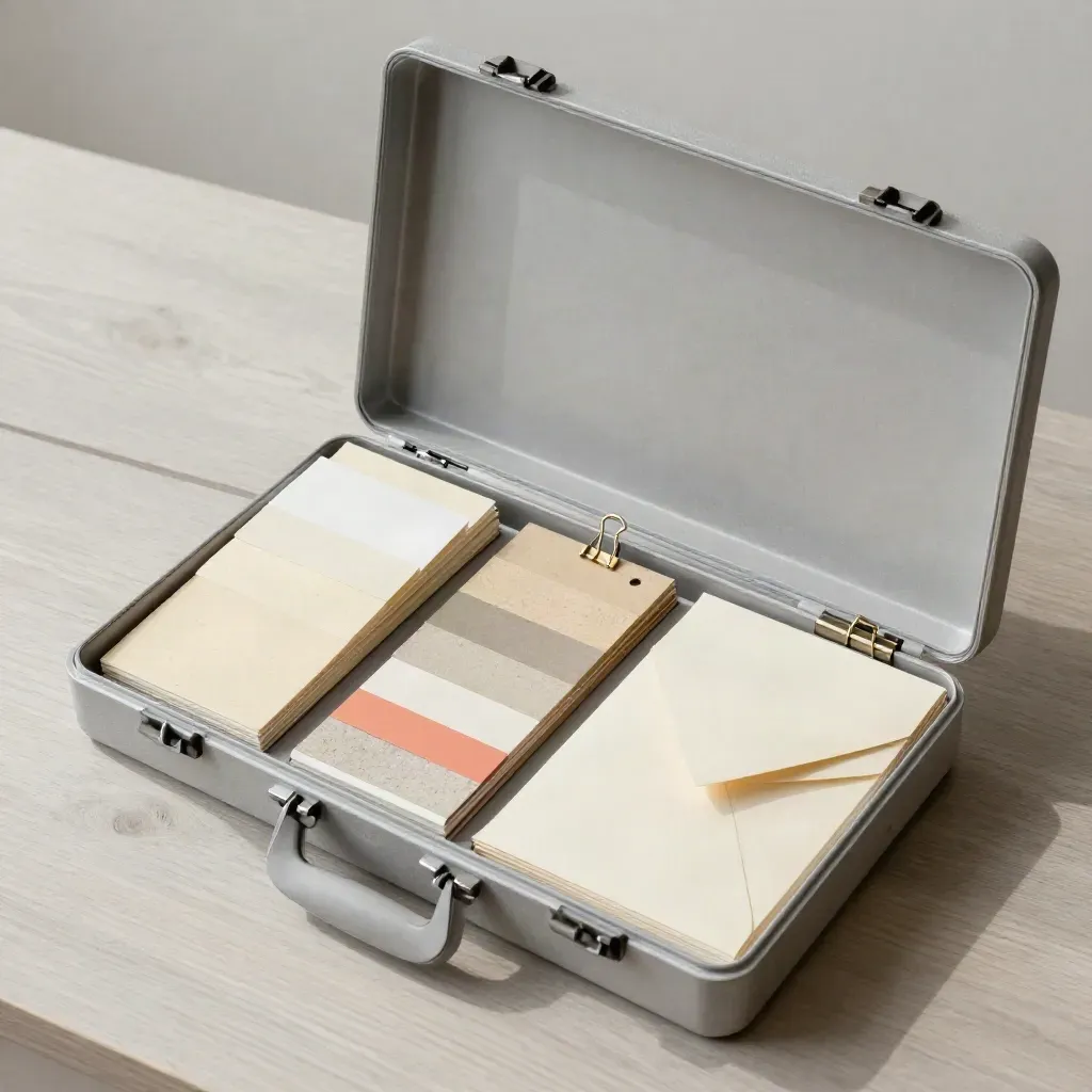 Overhead planning kit with case, sample sleeves, swatches, clip, and envelope on pale wood