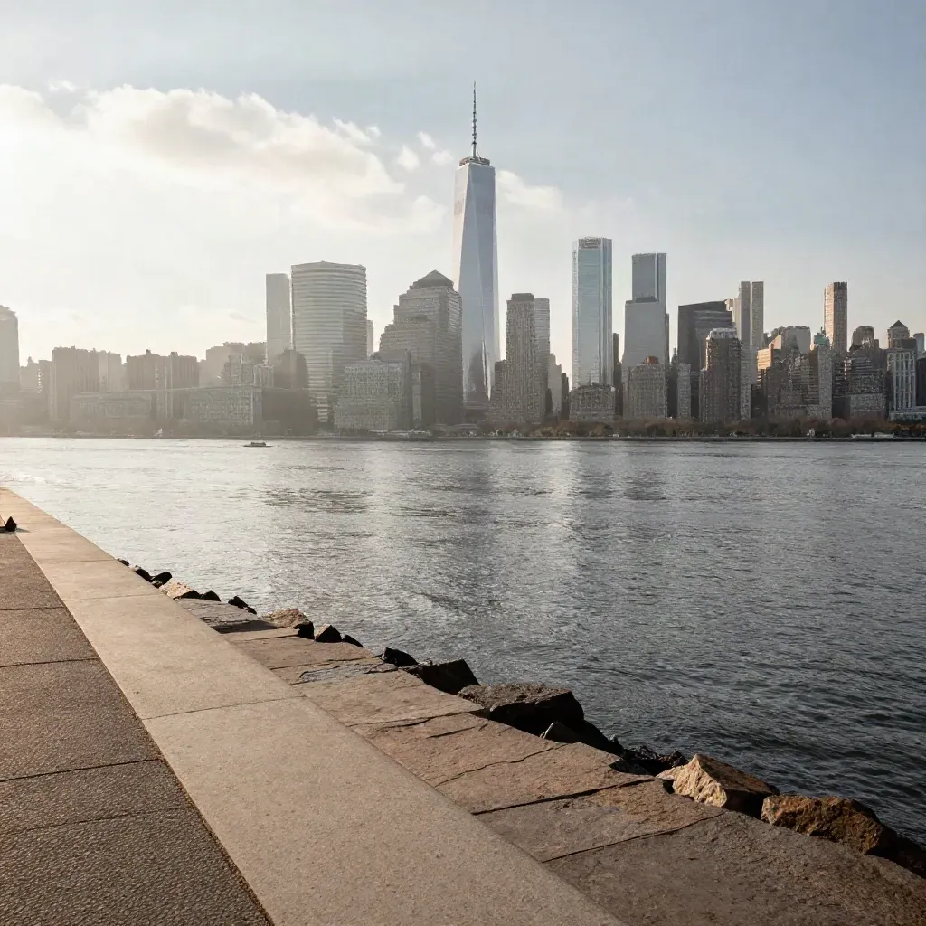 Hazy New York skyline at dawn over calm river water with the towers high in frame.